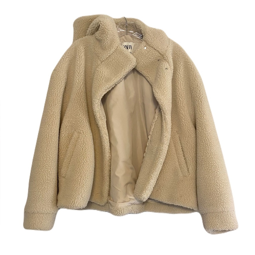 Zara Cream Teddy Jacket Oversized Cropped Women’s Large Sherpa Beige Tan Cute